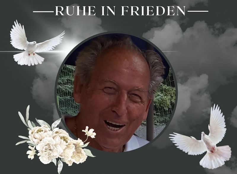Rundes Foto von Robert Pecek umgeben von Friedenstauben mit der Überschrift 'Ruhe in Frieden'